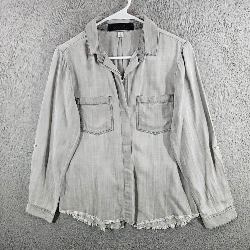 Blue Rain Gray Lyocell Frayed Hem Button Down Shirt Women Small Pockets
